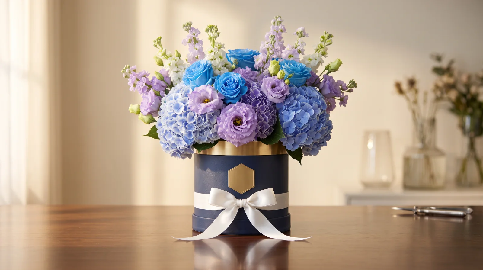 A finished Rocha piece: navy leather hat-box with gold band, white satin bow and engraved plaque, crowned with blue roses and hydrangeas